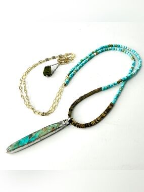 Long Turquoise Necklace, Wrap Necklace, Vintage Hand Soldered Pendant